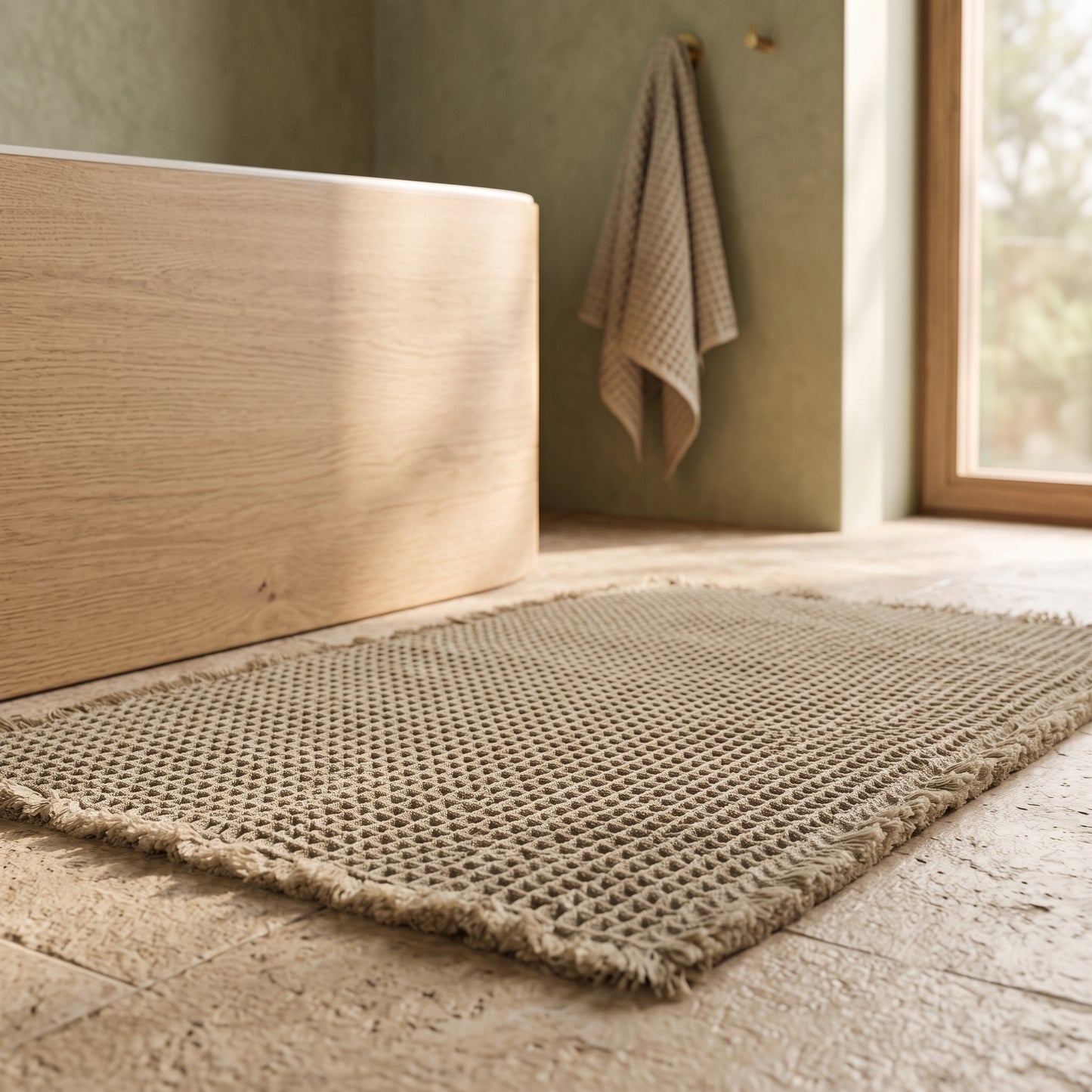 Waffle™ Bath Mat beside the oak tub in a warm Kopflo-style bathroom