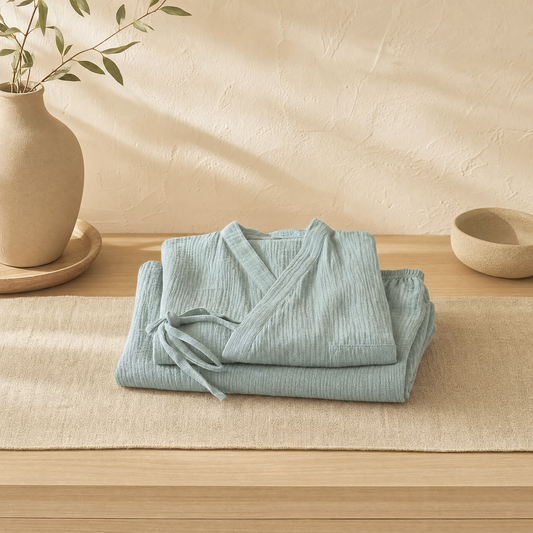 Yukata cotton kimono pajama set in sage, folded on linen