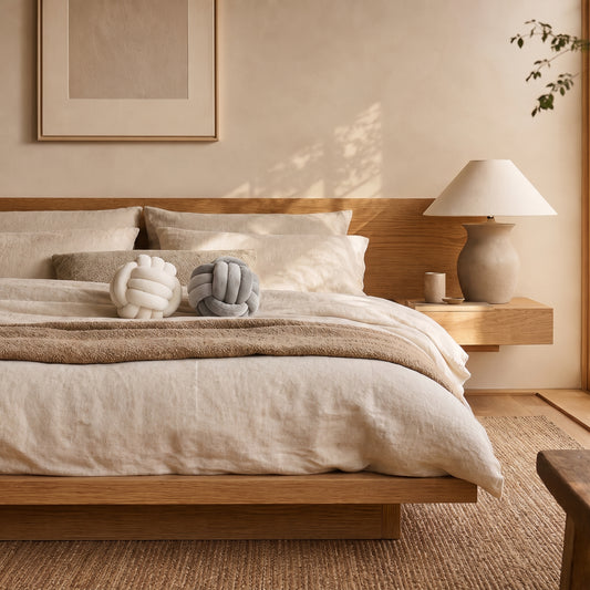 Knot™ Velvet Ball Cushions on the oak platform bed in the Kopflo bedroom