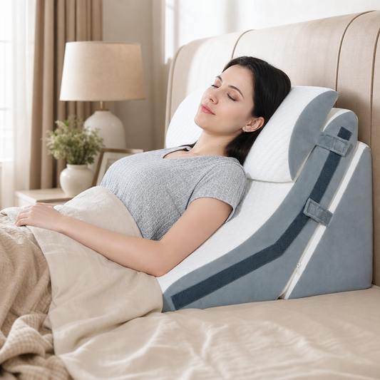 Woman resting on the Kopflo Terrace adjustable wedge system in a warm bedroom
