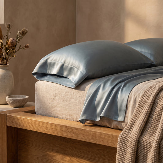 Mulberry™ Silk Pillowcase in Mist on the bed in a warm Kopflo-style bedroom