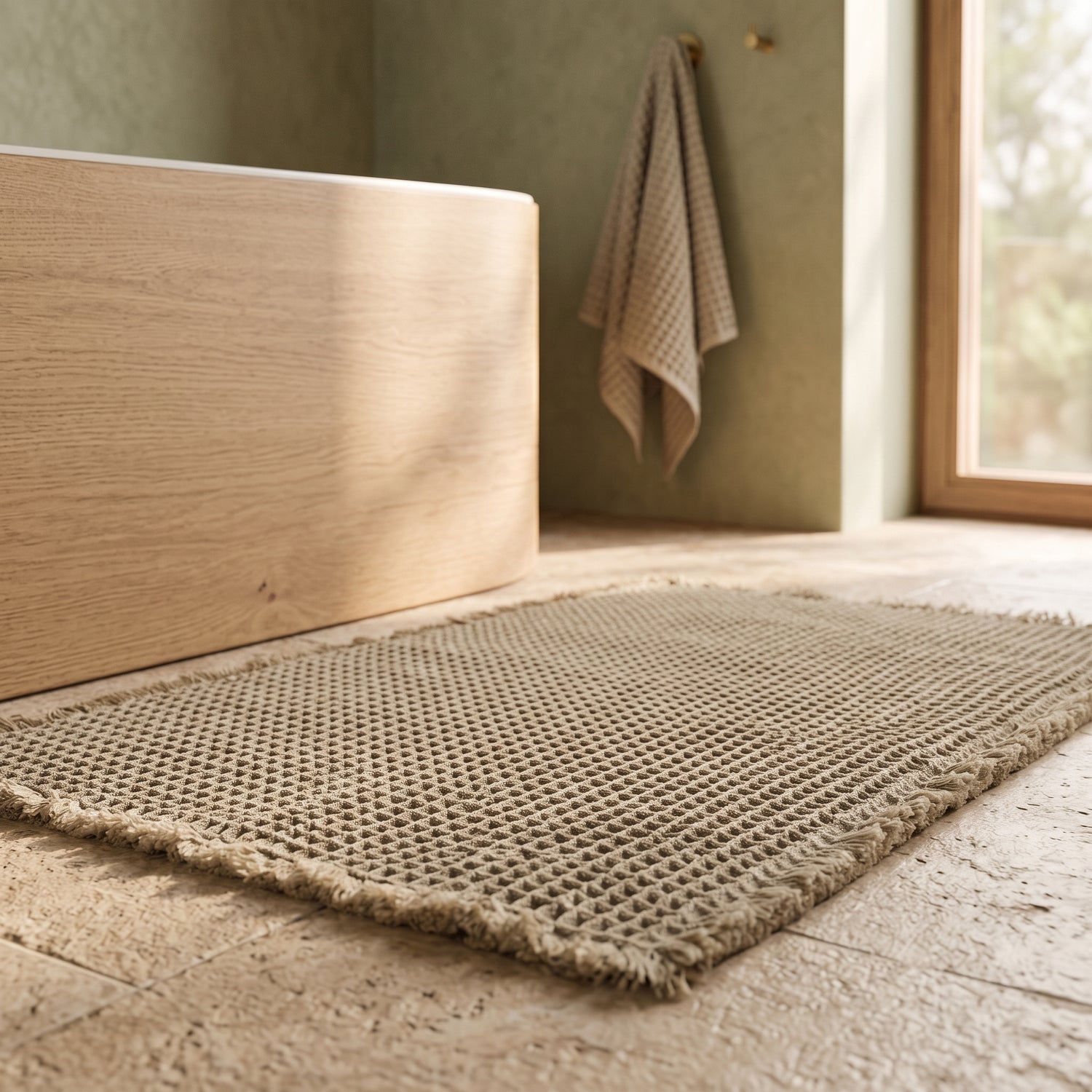 Waffle™ Bath Mat beside the oak tub in a warm Kopflo-style bathroom