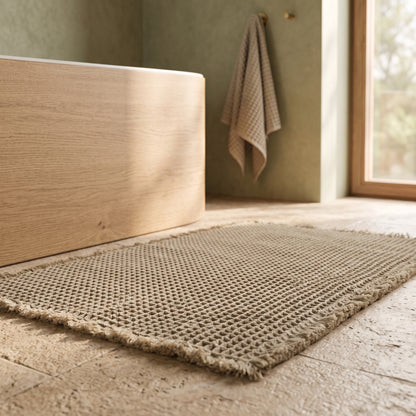Waffle™ Bath Mat beside the oak tub in a warm Kopflo-style bathroom
