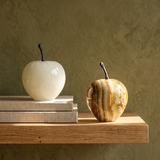 Orchard™ Stone Apples styled on an oak shelf in a warm Kopflo-style room