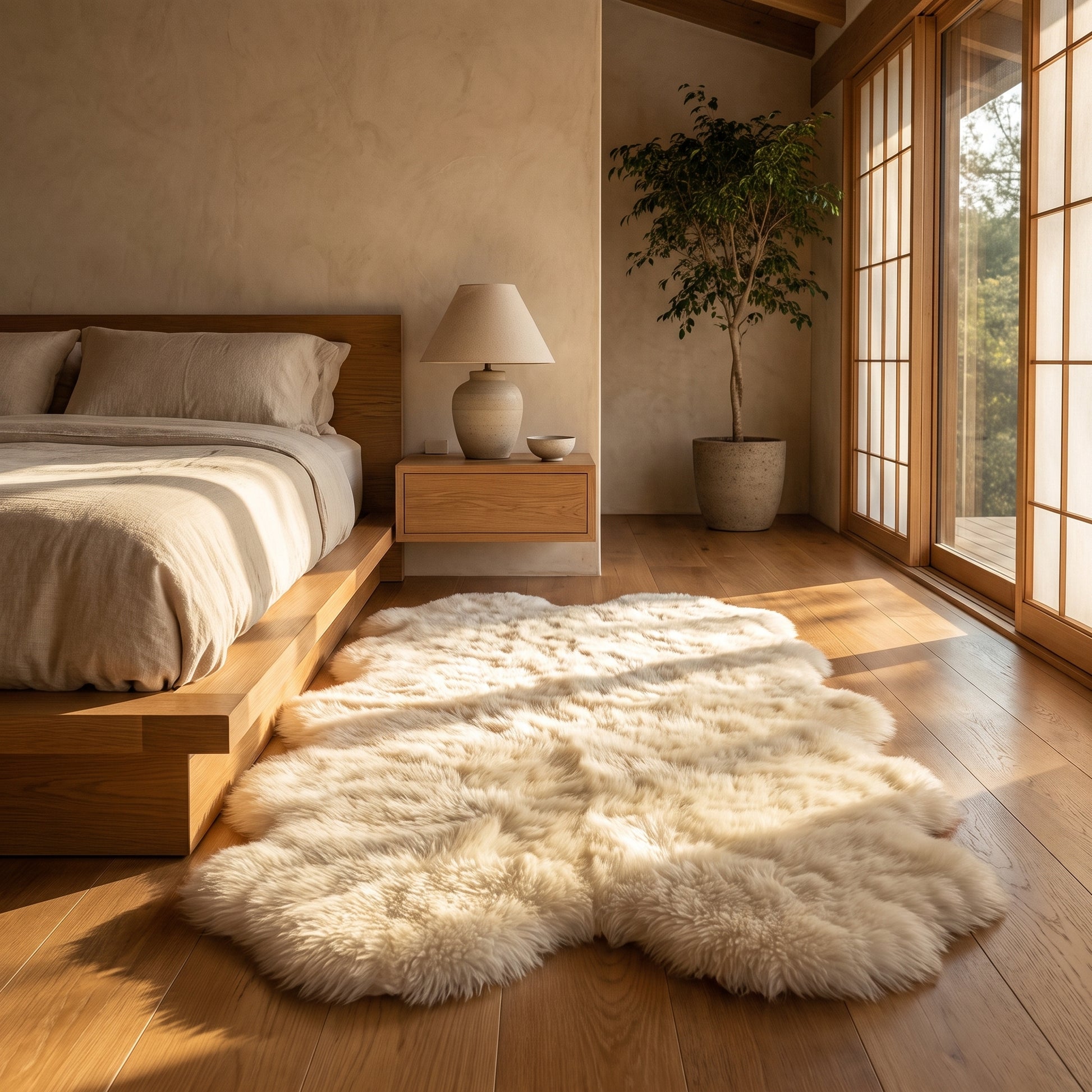 Plume™ Plush Bedside Rug along the oak platform bed in a warm Kopflo-style bedroom