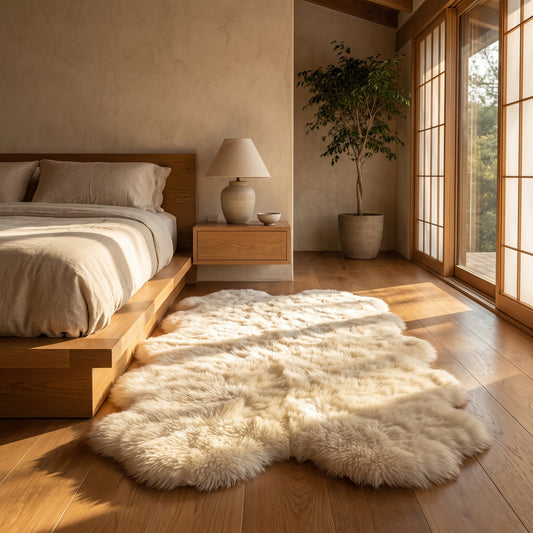 Plume™ Plush Bedside Rug along the oak platform bed in a warm Kopflo-style bedroom