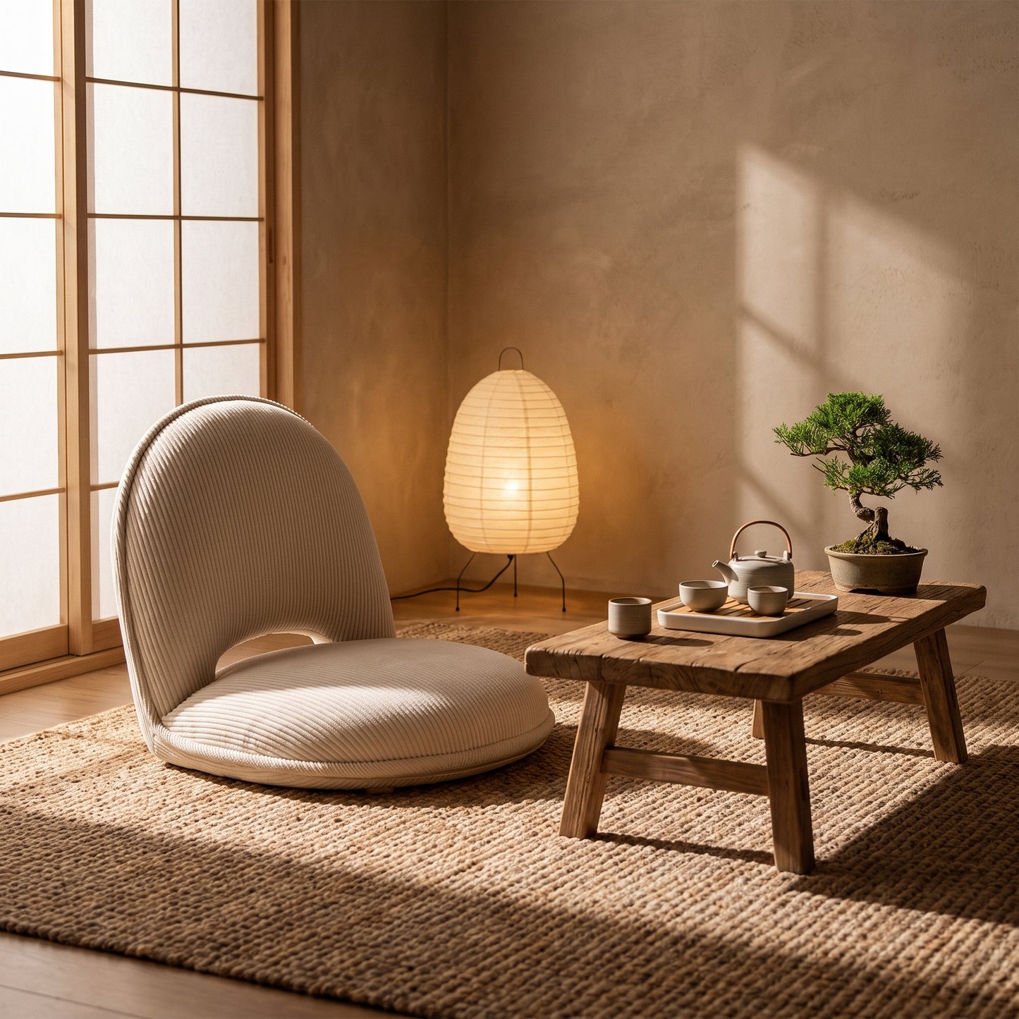 Tatami™ Floor Chair at a low tea table in a warm Kopflo-style corner