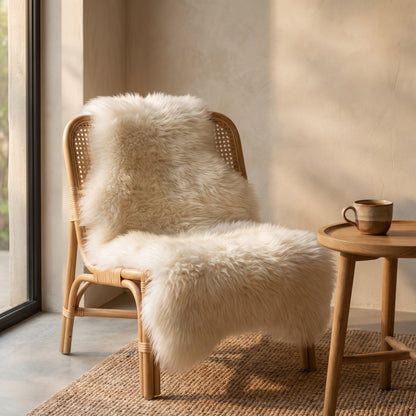 Fleece™ Faux Sheepskin Throw draped over a rattan chair in a warm Kopflo-style corner
