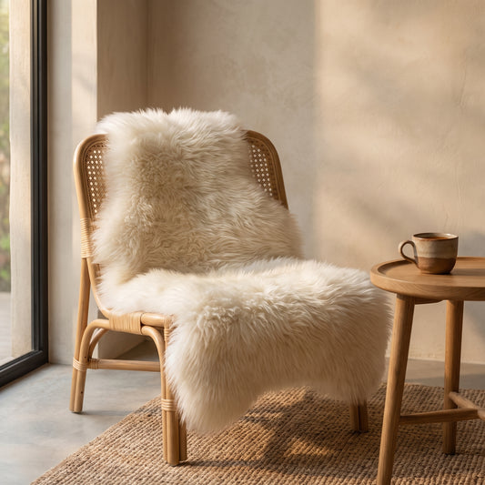 Fleece™ Faux Sheepskin Throw draped over a rattan chair in a warm Kopflo-style corner