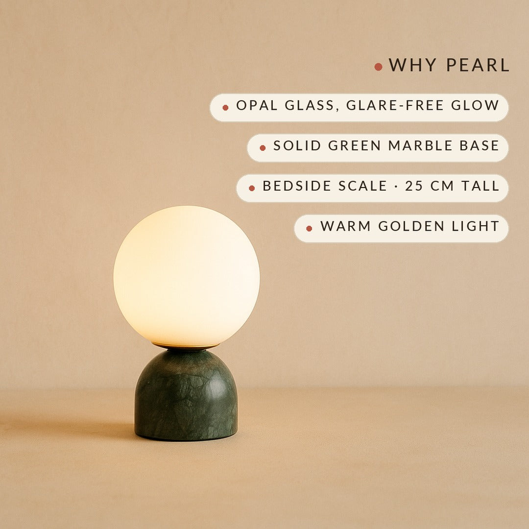 Why Pearl: opal glass glare-free glow, solid green marble base, bedside scale 25 cm