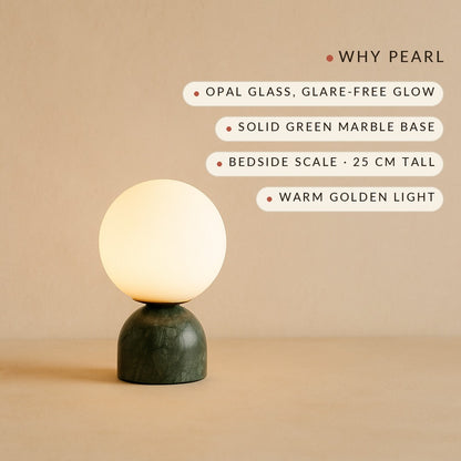 Why Pearl: opal glass glare-free glow, solid green marble base, bedside scale 25 cm
