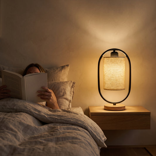 Reading in bed by the black Hoop™ Lantern Table Lamp
