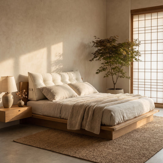 Lean™ Headboard Wedge Pillow at true 150 cm width behind the pillows in a warm Kopflo-style bedroom