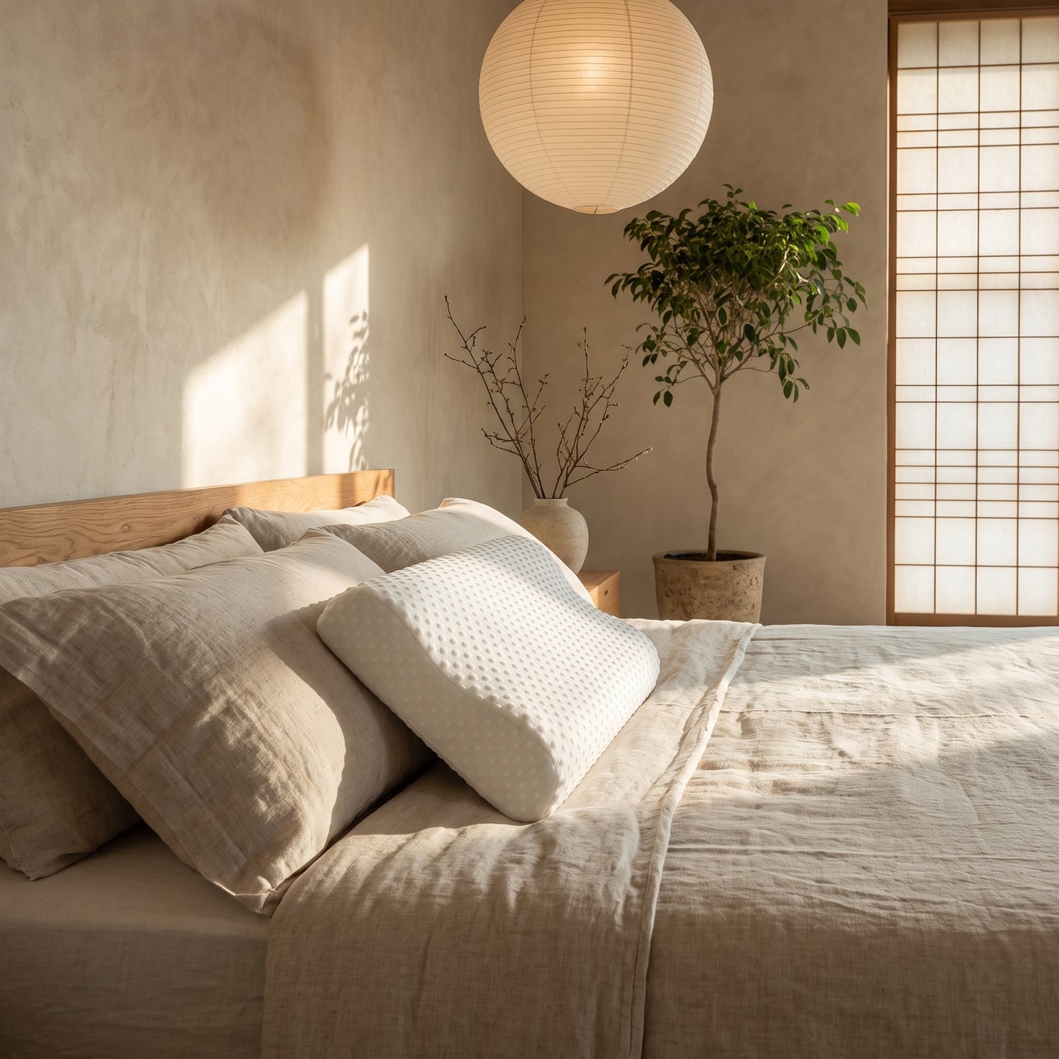 Wave™ Contour Memory Pillow on the oak platform bed in the Kopflo bedroom