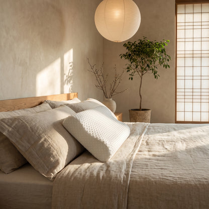 Wave™ Contour Memory Pillow on the oak platform bed in the Kopflo bedroom