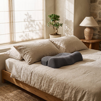 Curve™ Cervical Relief Pillow — true 39 cm size on the bed in a warm Kopflo-style bedroom