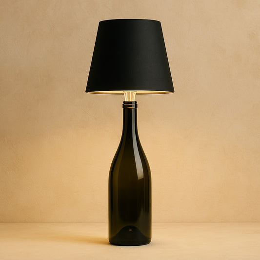 Cork bottle lamp mockup on warm limewash plaster
