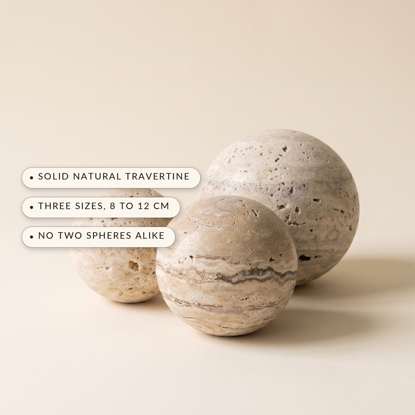 Tivoli™ Stone Sphere — solid natural travertine, three sizes 8 to 12 cm, no two alike