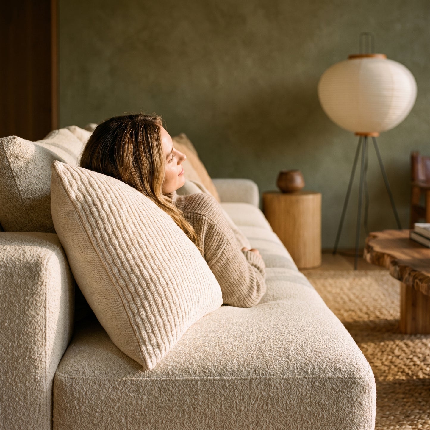 Lounging on the sofa against the ivory Weave™ Textured Cushion