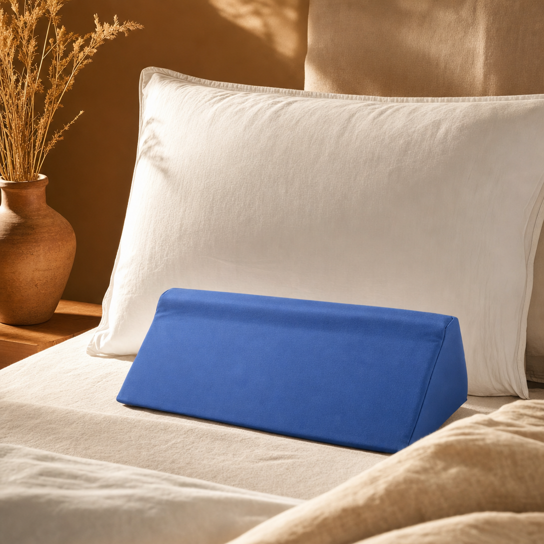 Kopflo Anchor positioning wedge in front of a standard pillow showing its compact low profile