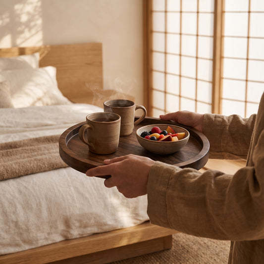 Carrying breakfast to bed on the Timber™ Round Serving Tray
