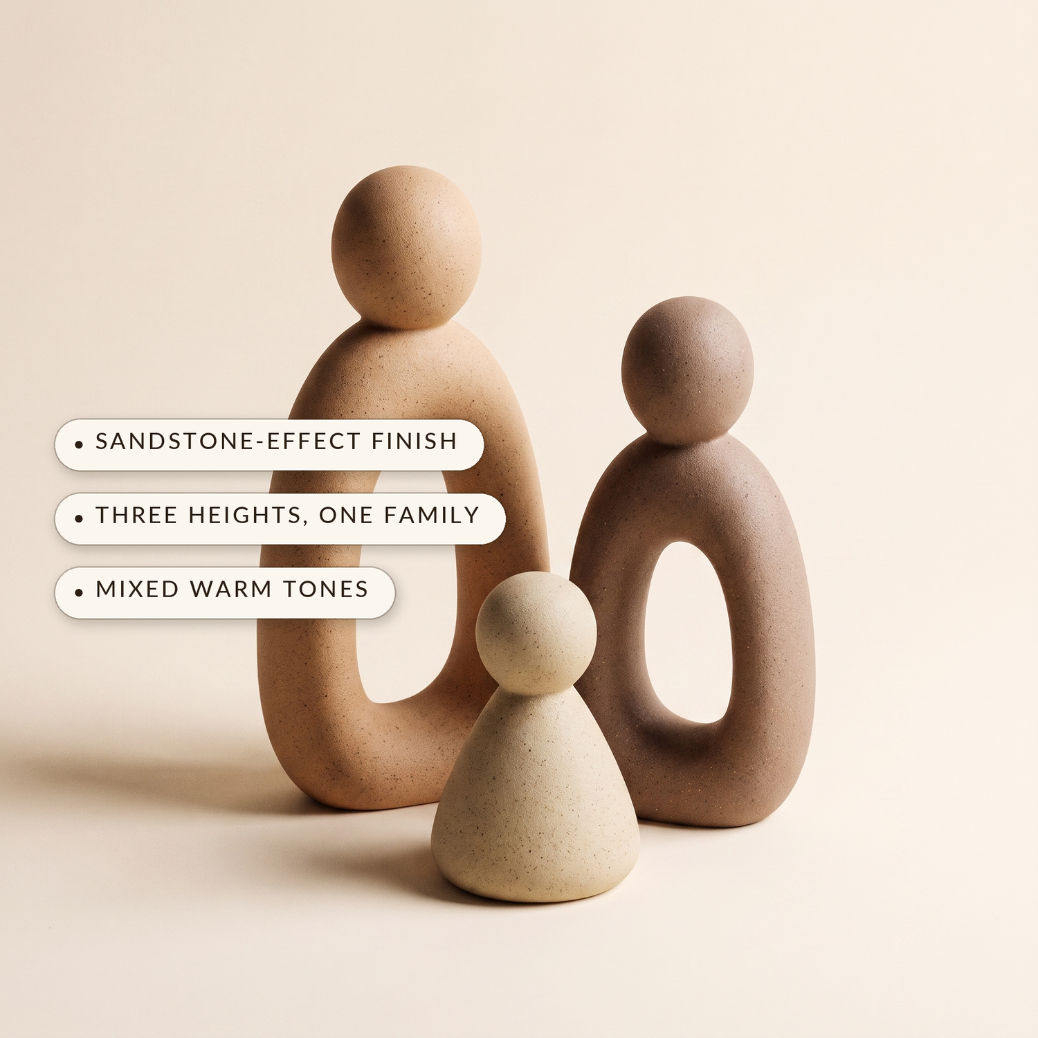 Kin™ Family Sculpture Set — sandstone-effect finish, three heights one family, mixed warm tones