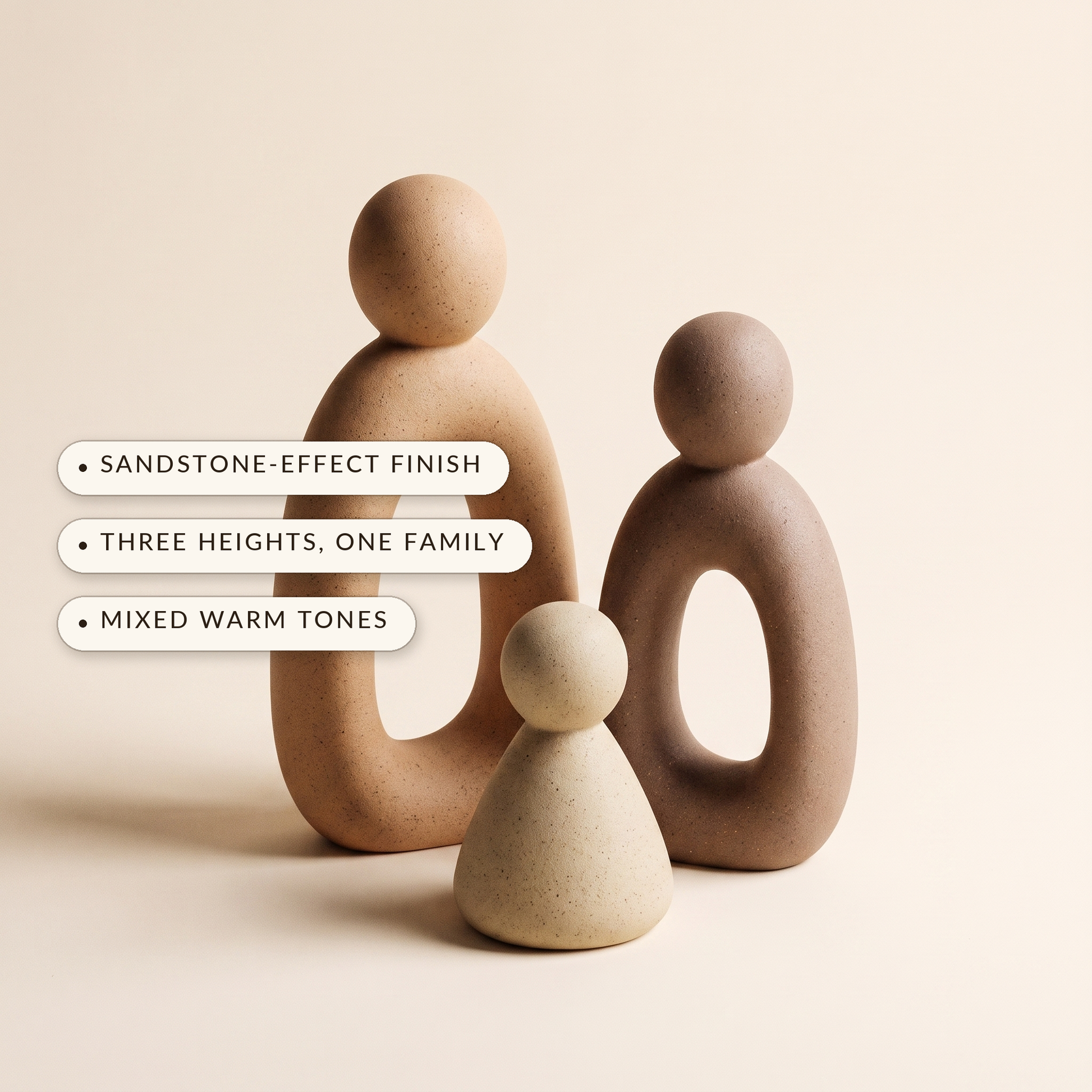 Kin™ Family Sculpture Set — sandstone-effect finish, three heights one family, mixed warm tones