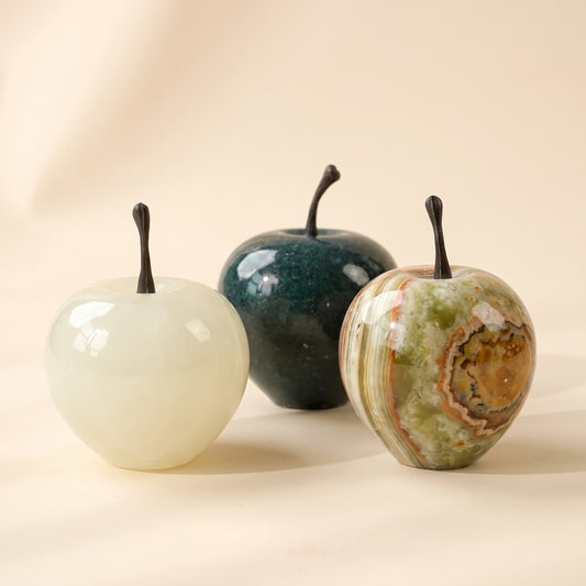 Orchard™ Stone Apple — white jade, black marble and amber onyx apples on warm cream background