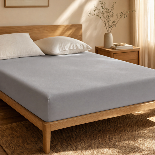 Kopflo Tuck light grey fitted sheet on an oak bed