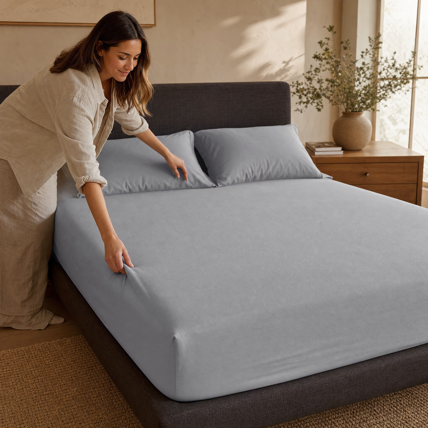 Woman making the bed with the Kopflo Tuck fitted sheet