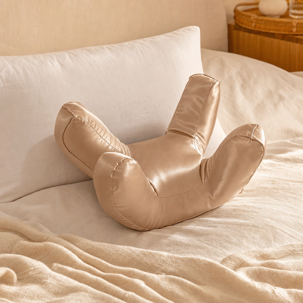 Kopflo Dawn sand satin beauty pillow beside a standard pillow for scale