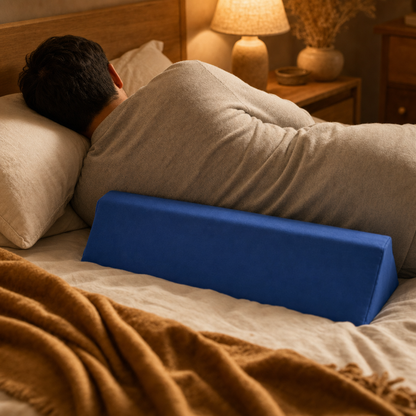 Man sleeping on his side with the Kopflo Anchor wedge braced against his lower back