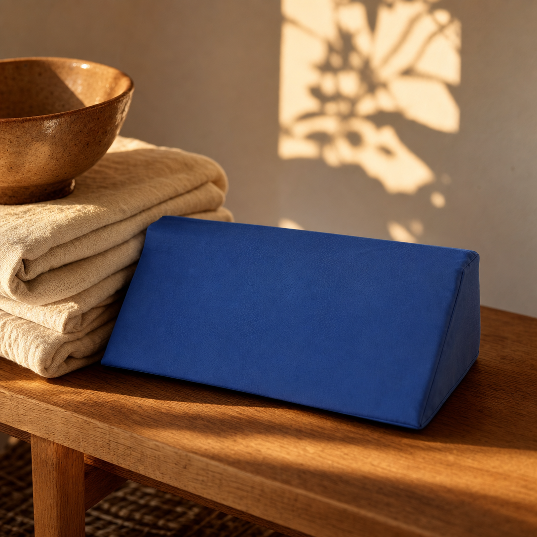 The Kopflo Anchor wedge on a wooden bench beside folded linens and a ceramic bowl