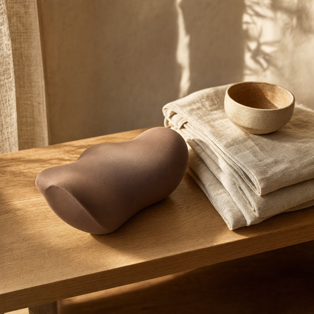 The Kopflo Arch on a wooden bench beside folded linens and a ceramic bowl