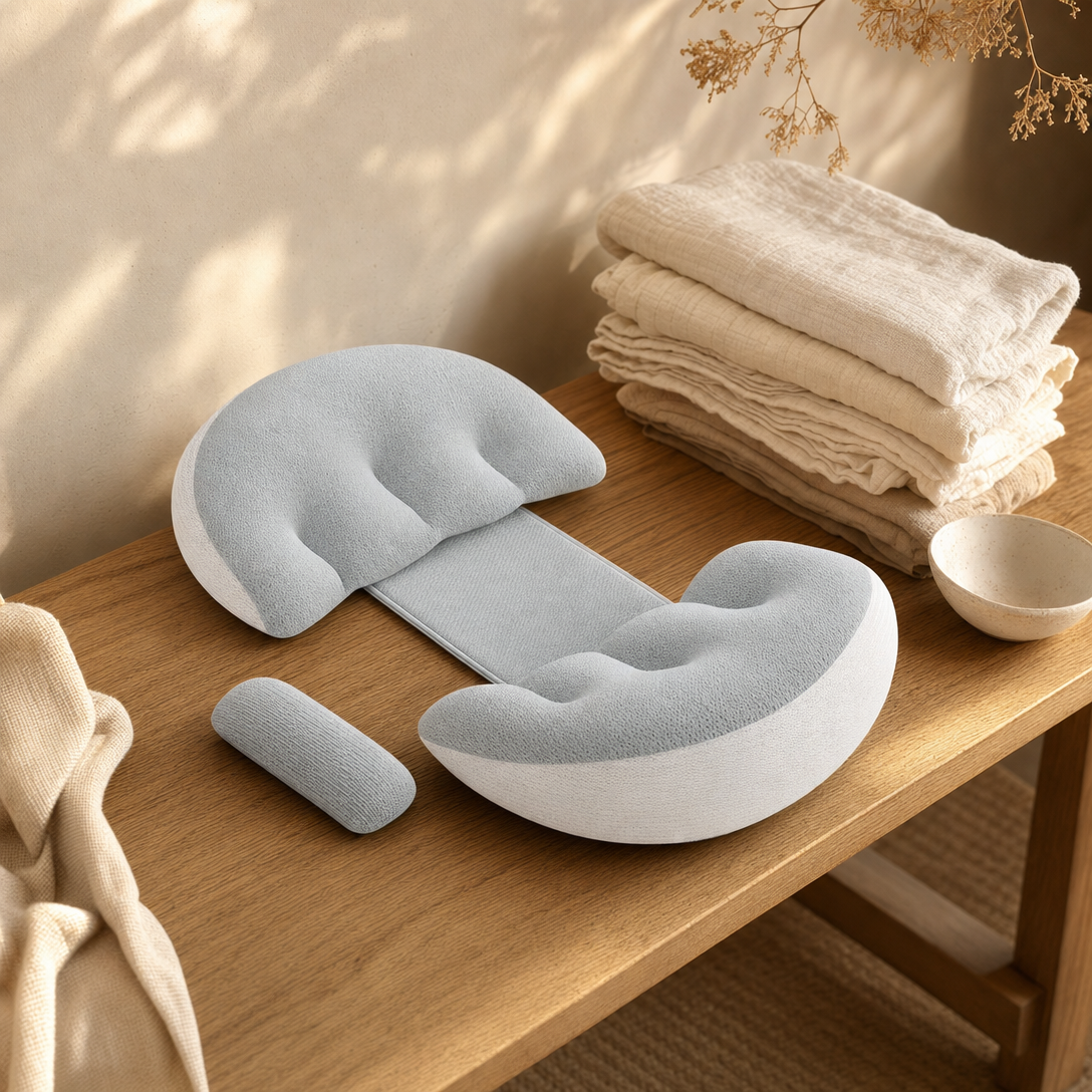 The Kopflo Bloom set and bonus bolster beside folded muslins on a wooden bench