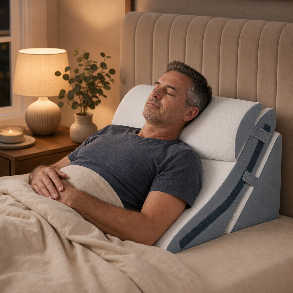 Man sleeping at a low incline on the Kopflo Terrace wedge system