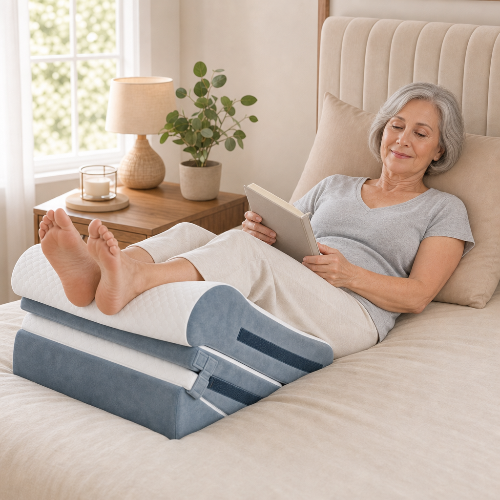 Woman reading with legs elevated on the Kopflo Terrace wedge system