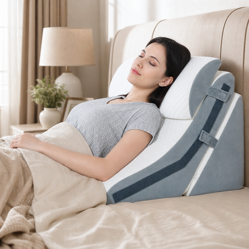 Woman resting on the Kopflo Terrace adjustable wedge system in a warm bedroom