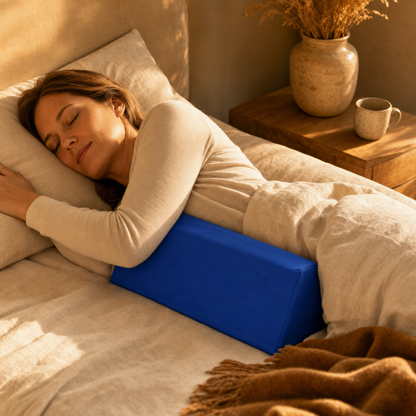 Woman asleep on her side with the Kopflo Anchor positioning wedge for support