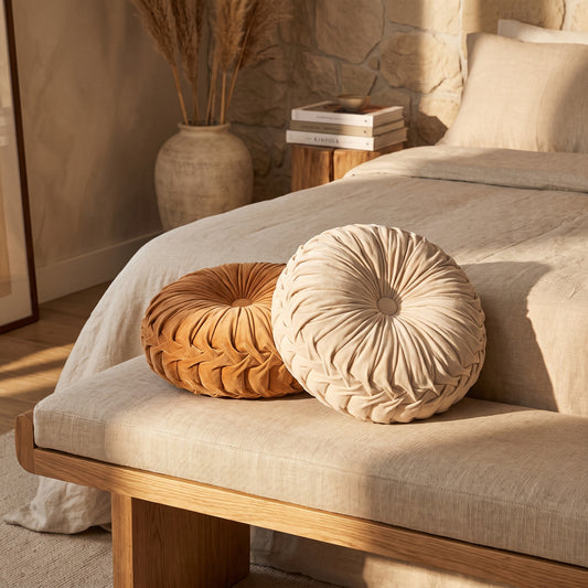 Dahlia™ Velvet Round Cushions on a linen bench in a warm Kopflo-style bedroom