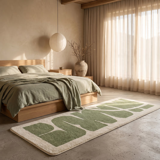 Fern™ Sage Runner Rug in Stroke beside the oak bed in a warm Kopflo-style bedroom