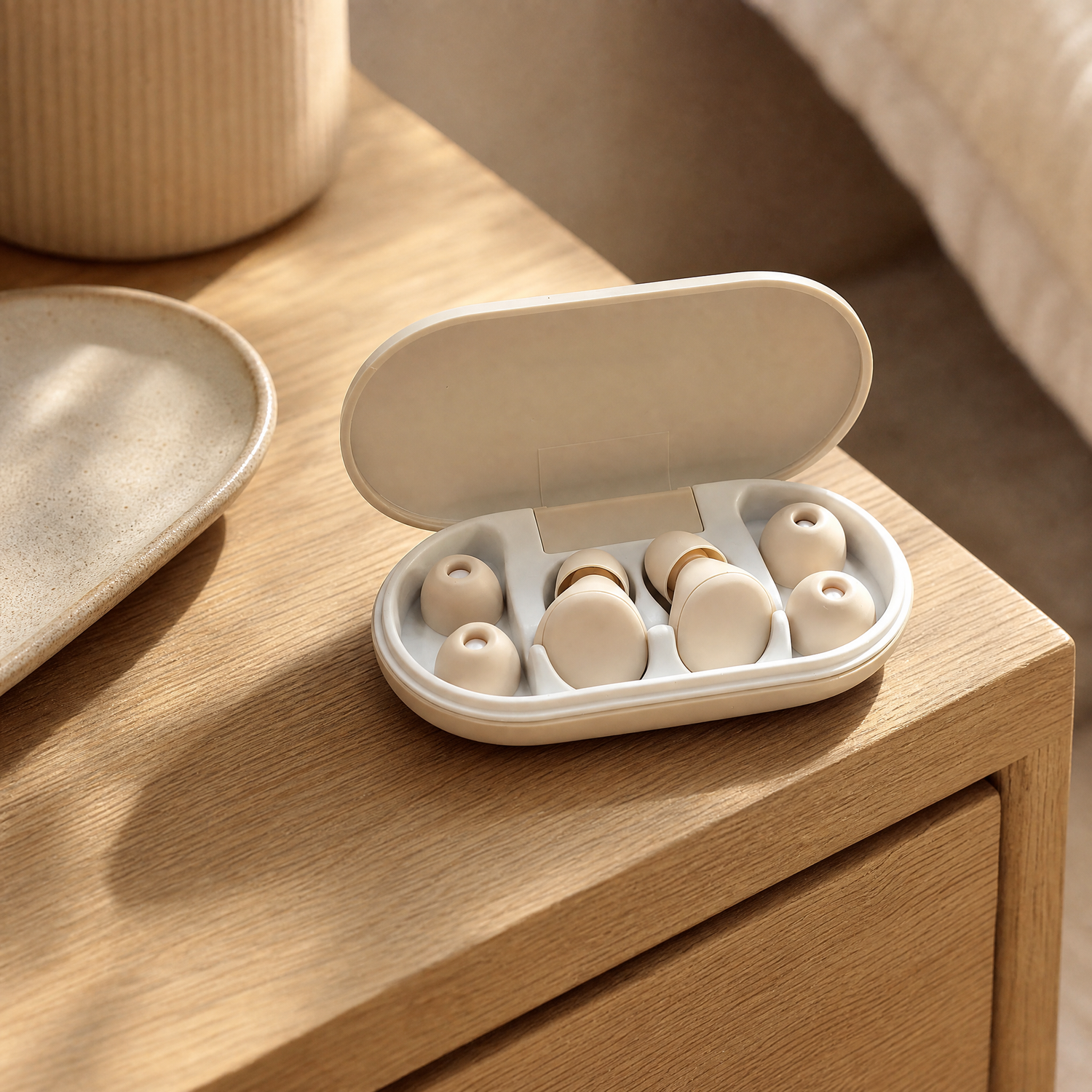 Kopflo Hush earplugs in their open case on a nightstand