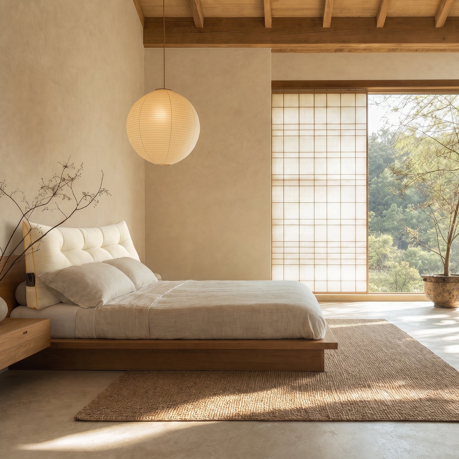 Lean™ Headboard Wedge Pillow spanning the head of the oak bed in the Kopflo bedroom