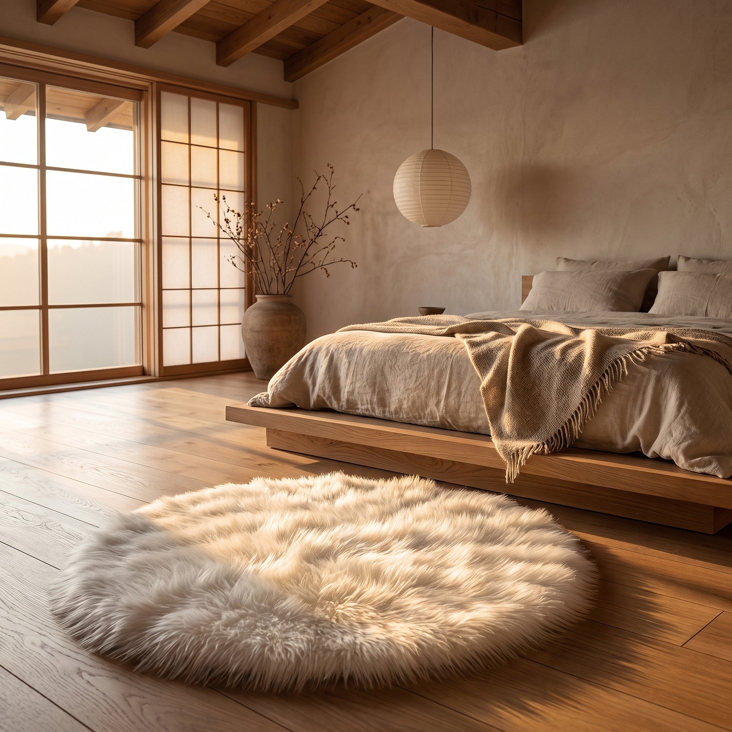 Tuft™ Faux Fur Round Rug beside the oak platform bed in a warm Kopflo-style bedroom