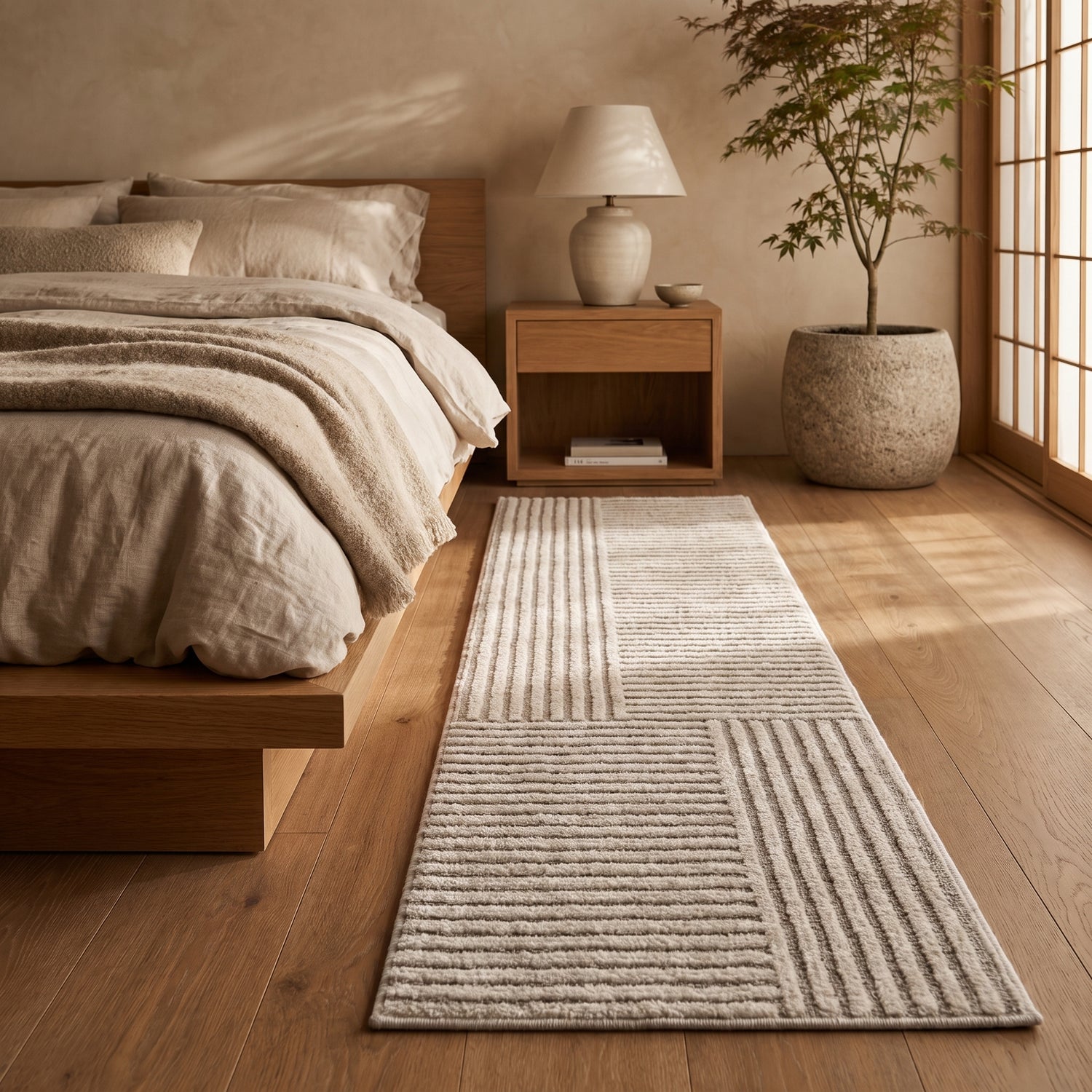 Loom™ Bedside Runner Rug alongside the oak platform bed in a warm Kopflo-style bedroom