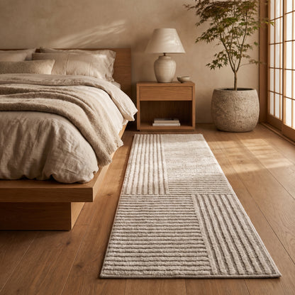 Loom™ Bedside Runner Rug alongside the oak platform bed in a warm Kopflo-style bedroom