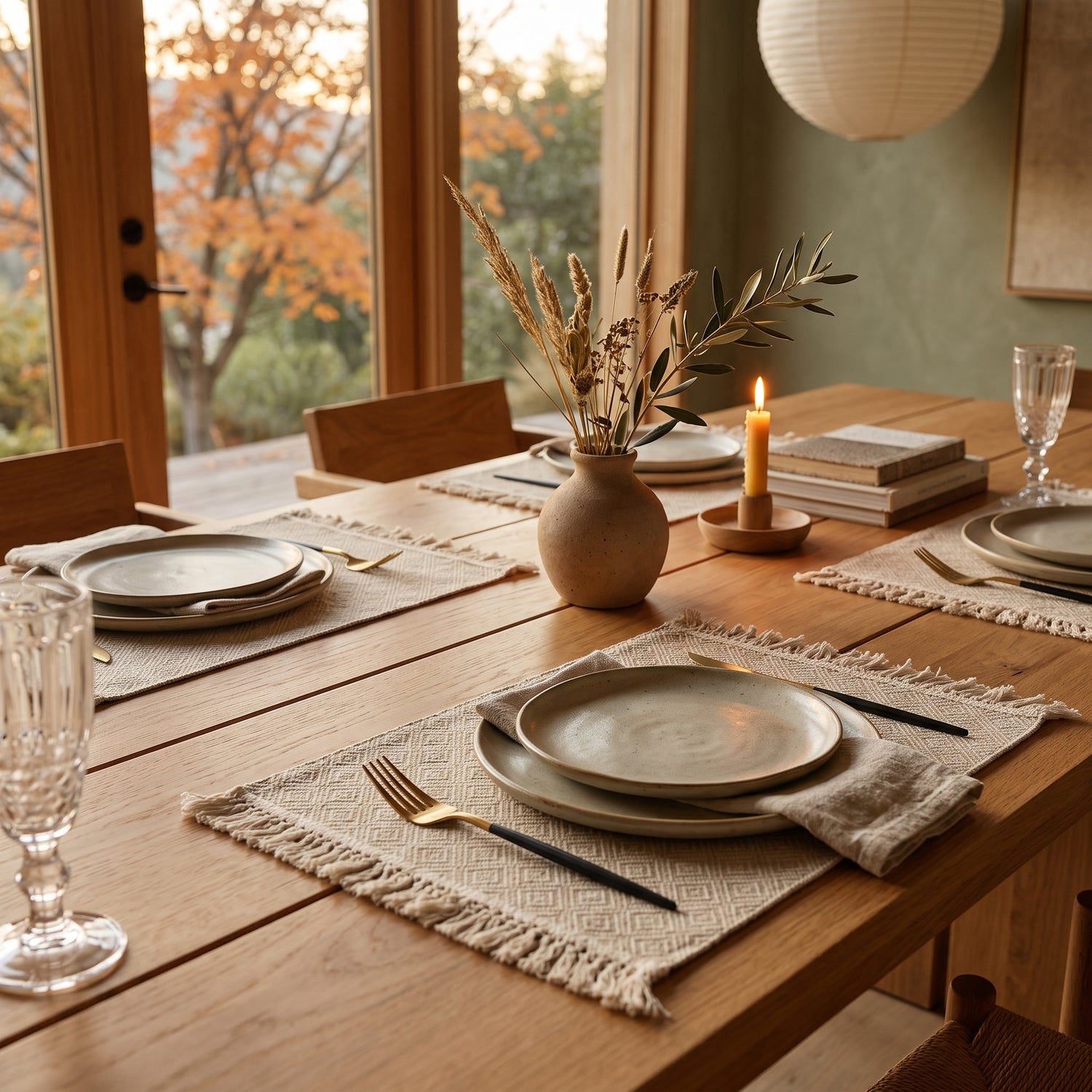 Hem™ Fringed Linen Placemats set for dinner on an oak table in Kopflo style