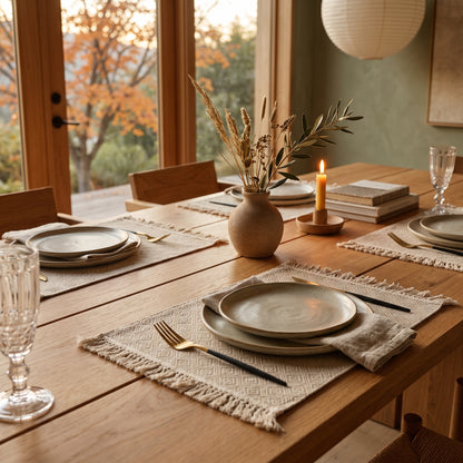 Hem™ Fringed Linen Placemats set for dinner on an oak table in Kopflo style