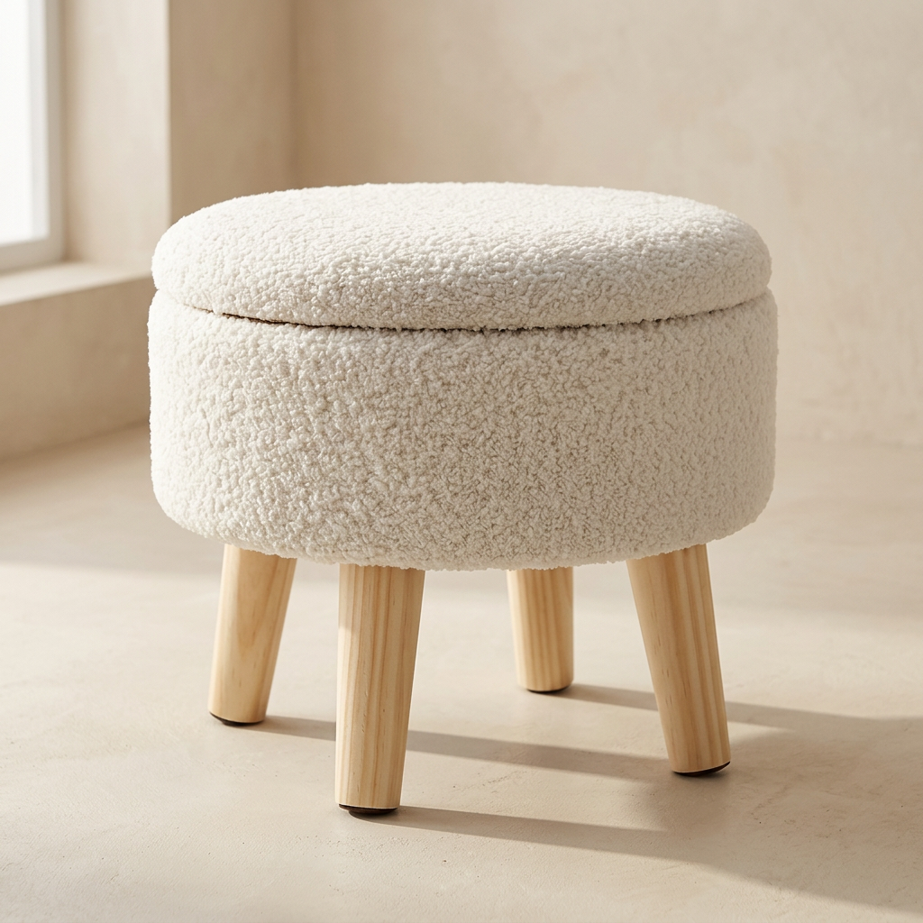 Cache storage ottoman in chalk boucle on four pale wood legs, lid closed