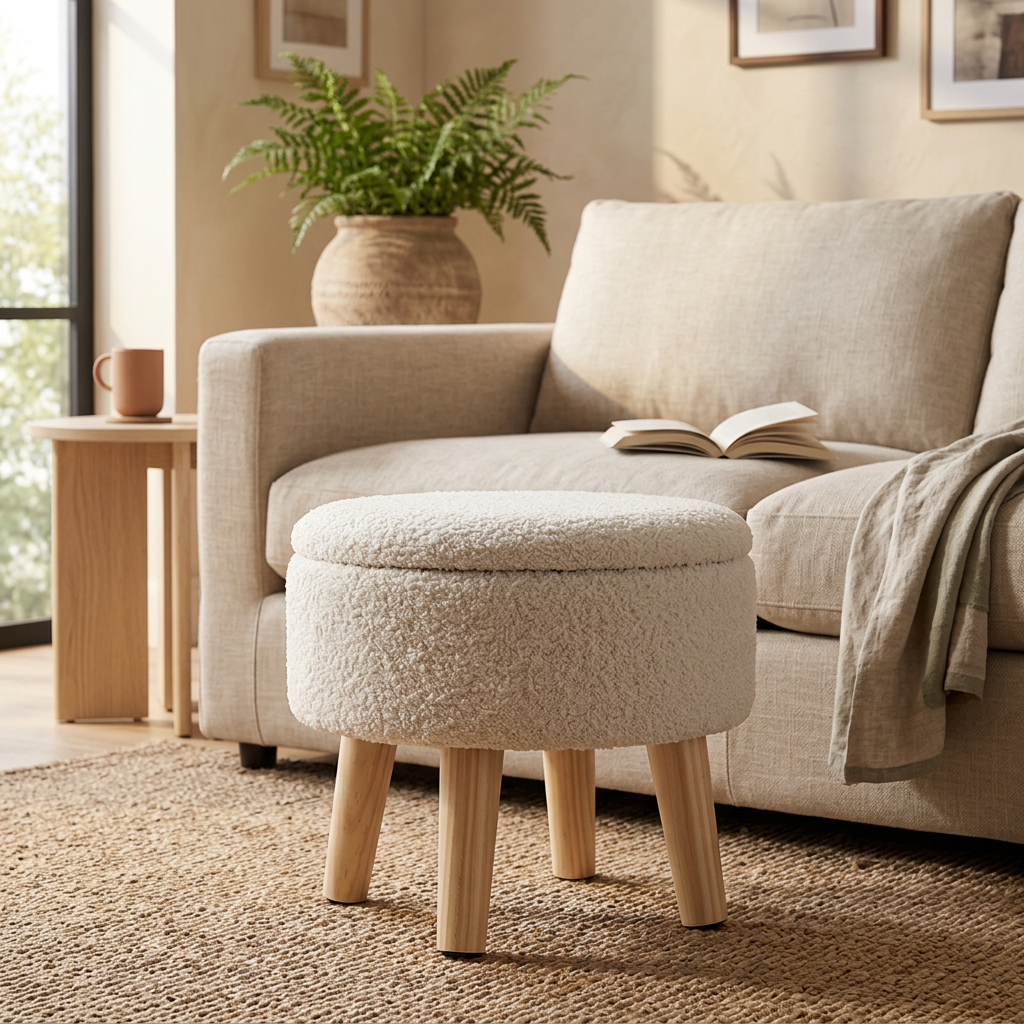 Cache used as a footstool on a jute rug in front of a low linen sofa